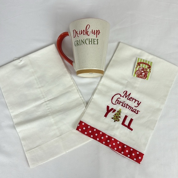 Drink Up Grinches Coffee Mug & Merry Christmas Ya'll Hand Towels Holiday Set 3Pc - Picture 7 of 10
